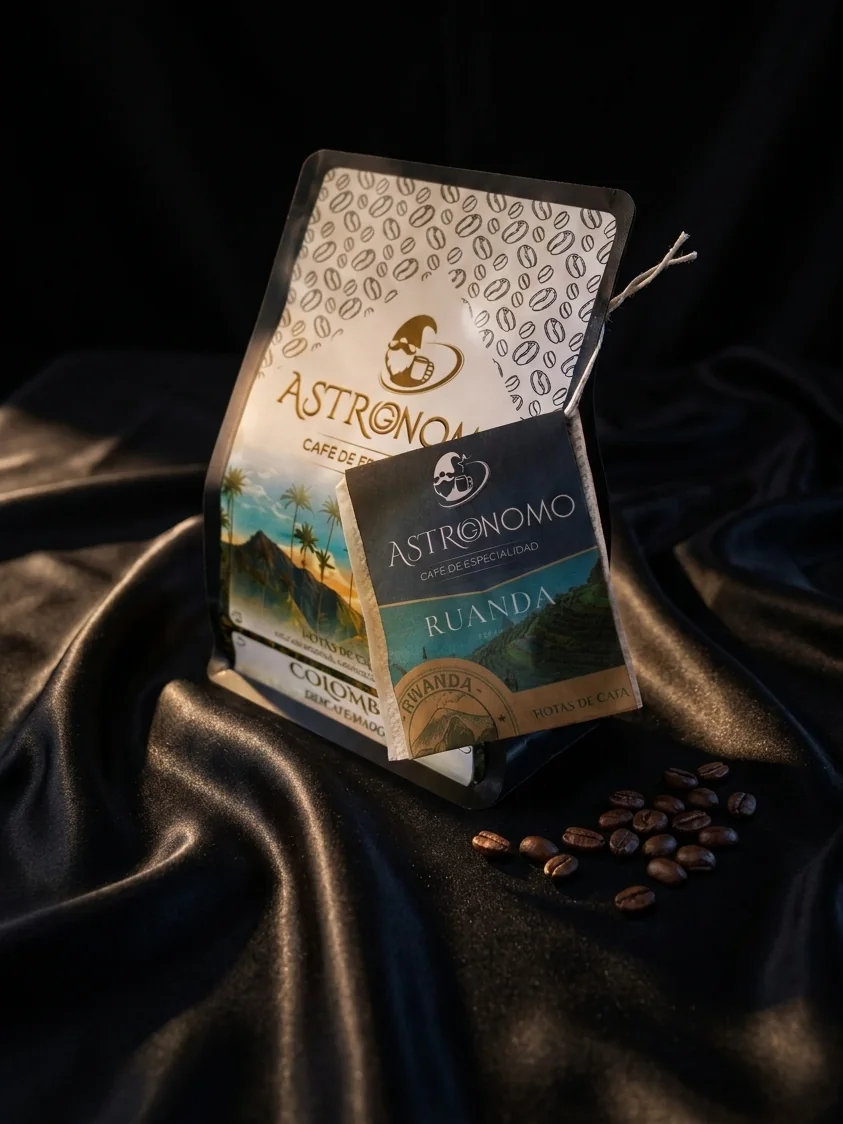 Bolsa de café Astrognomo Colombia con su muestra sorpresa de Ruanda de regalo